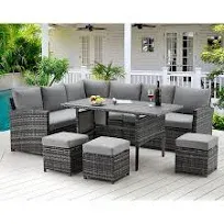 Aecojoy Patio Furniture Set 7 Pieces Outdoor Patio Furniture with Dining Table&Chair All Weather Wicker Conversation Set with Ottoman Grey