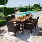 Devoko Dining 7 Pcs Furniture, Patio Conversation Set with Acacia Wood Table Top, Rattan Outdoor, Black