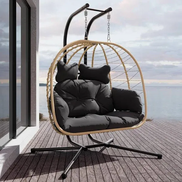 Esmlada Double Indoor/Outdoor Wicker Swing Egg Chair Hammock Foldable Hanging Loveseat with Stand