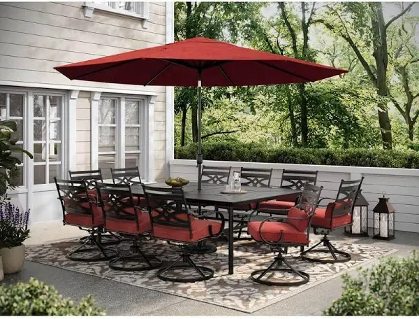 Hanover Montclair 11-Piece Brown Patio Dining Set Steel Rectangle Table with 10 Tan Cushions Swivel Chairs Lowes.com