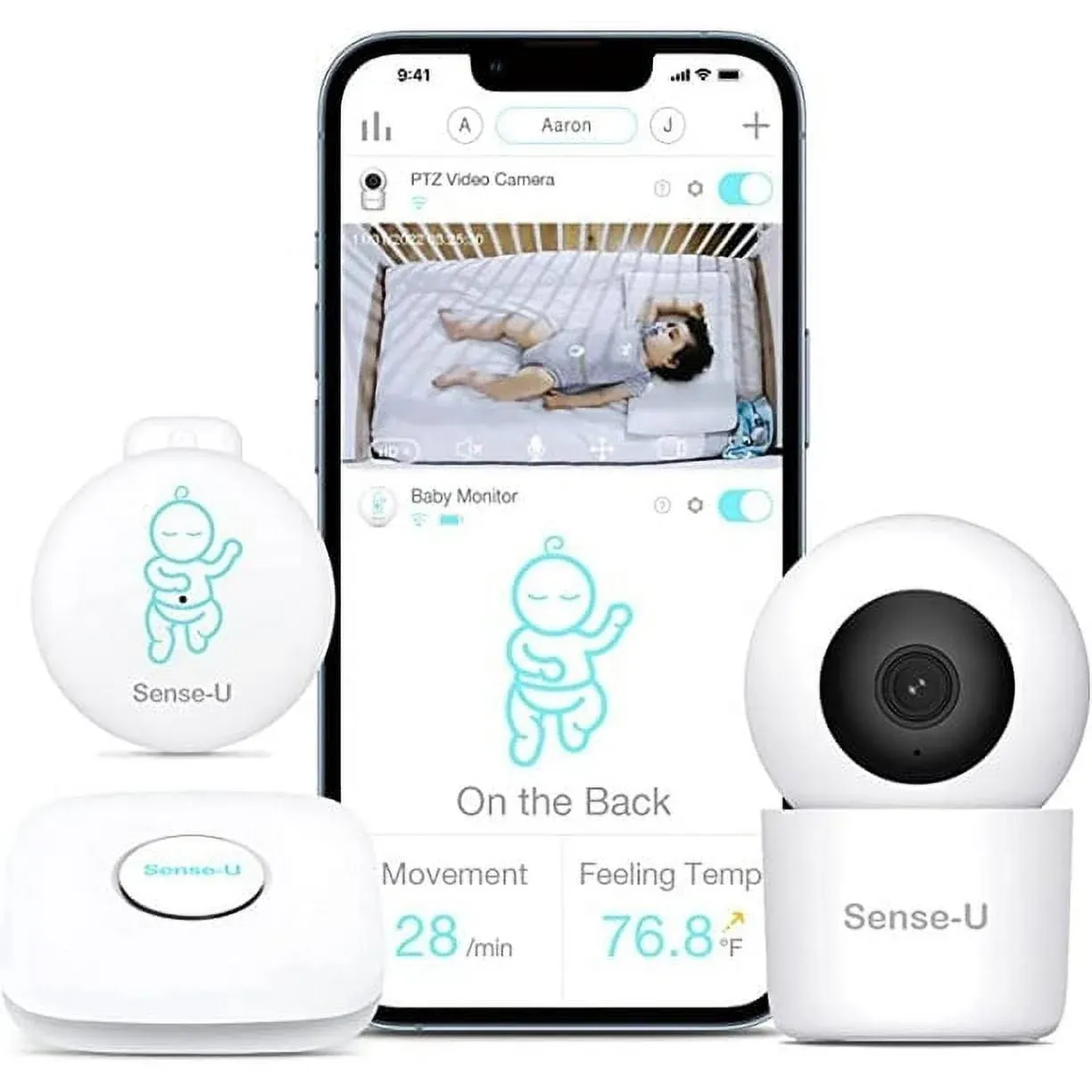 Sense-U Baby Monitor 2K PTZ Audio Camera, Video Monitor Notifies for No Breathing, Rollover, High/Low Temp, Detected Motion with Night Vision