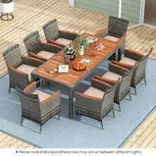 COSTWAY 9PCS Patio Rattan Dining Set 8 Stackable Chairs Cushioned Acacia Wood Table Top