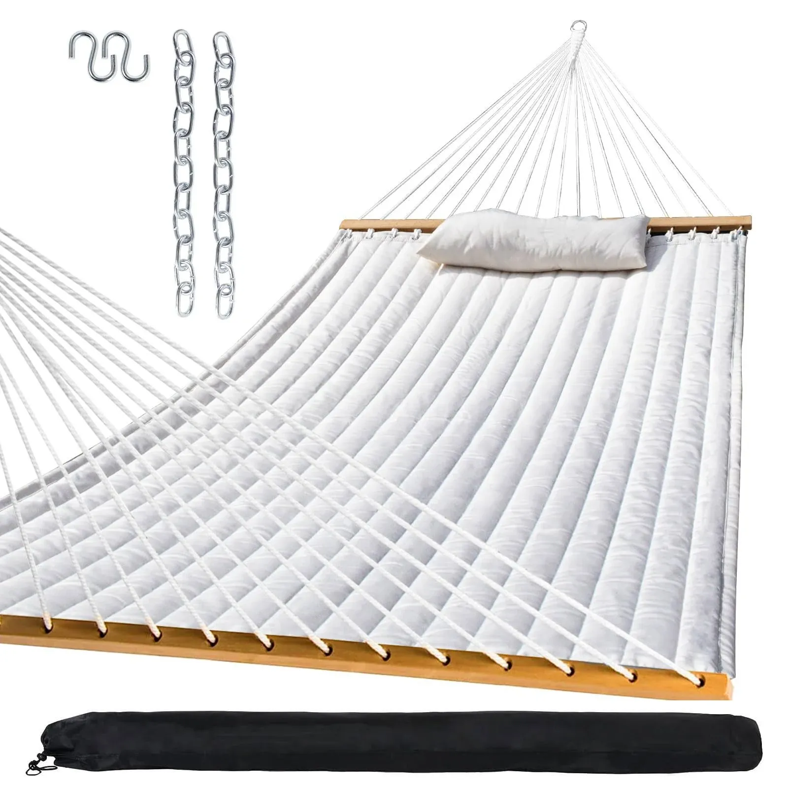 SZHLUX Outdoor Quilted Fabric Hammock with Spreader Bars and Detachable Pillow ...