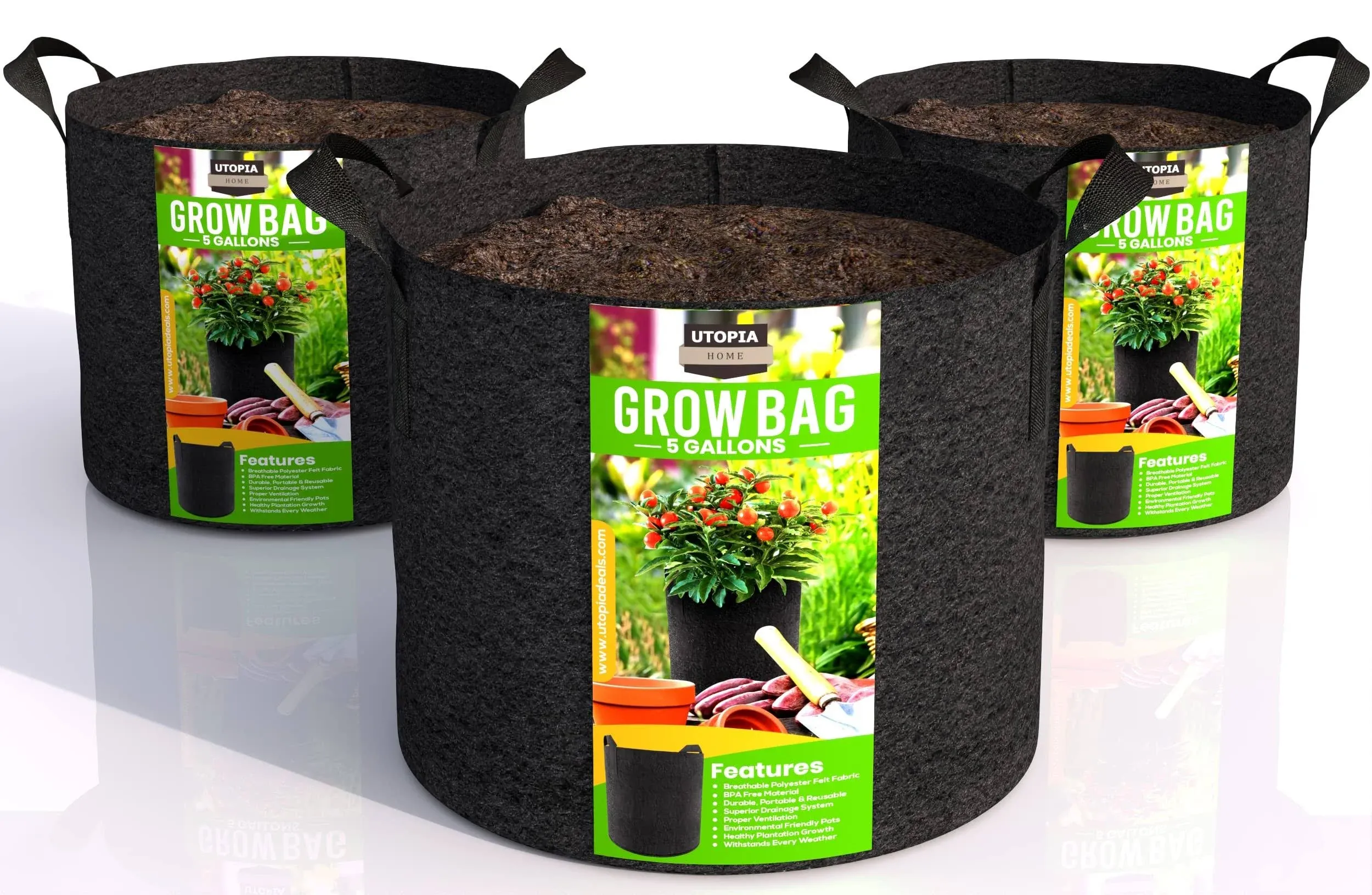 Utopia Home 3 Pack 5 Gallon Grow Bags 300g Thickened Nonwoven Plant Fabric Pots for Outdoor Grow Pots Garden Plant Bags Aera