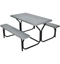 Grey Picnic Table Bench Set Outdoor Dining Set Backyard Patio Garden Camping Multipurpose Usage All Weather Resistant Material Rust-Resistant Steel Frame Safe with Anti Bump Round Table Corners