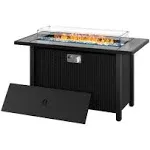 Shintenchi 45 inch Propane Fire Pit Table with Glass Window Protector, Outdoor 50,000 BTU Steel Gas Fire Pit with Lid, Glass Crystal Stone,