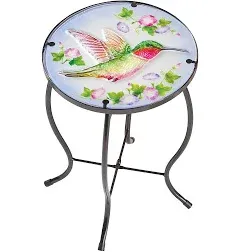 Glass Top Accent Table Hummingbird Flower Patio Porch Deck Plant Stand Furniture