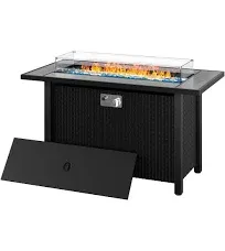 Shintenchi 45 inch Propane Fire Pit Table with Glass Window Protector, Outdoor 50,000 BTU Steel Gas Fire Pit with Lid, Glass Crystal Stone,