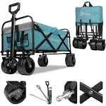 Sekey Collapsible Foldable Wagon with 220lbs Weight Capacity, Heavy Duty Folding Garden Cart with Big Beach Brake Wheels & Drink, Blue FW7