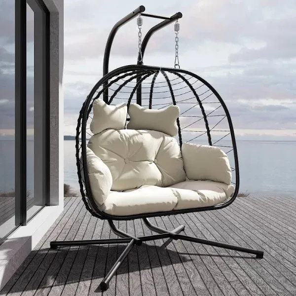 Esmlada Double Indoor/Outdoor Wicker Swing Egg Chair Hammock Foldable Hanging Loveseat with Stand