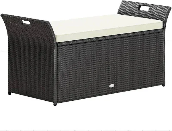  Outdoor Wicker Storage Bench w/Cushion, Large PE Rattan 90 Gallon Light Gray