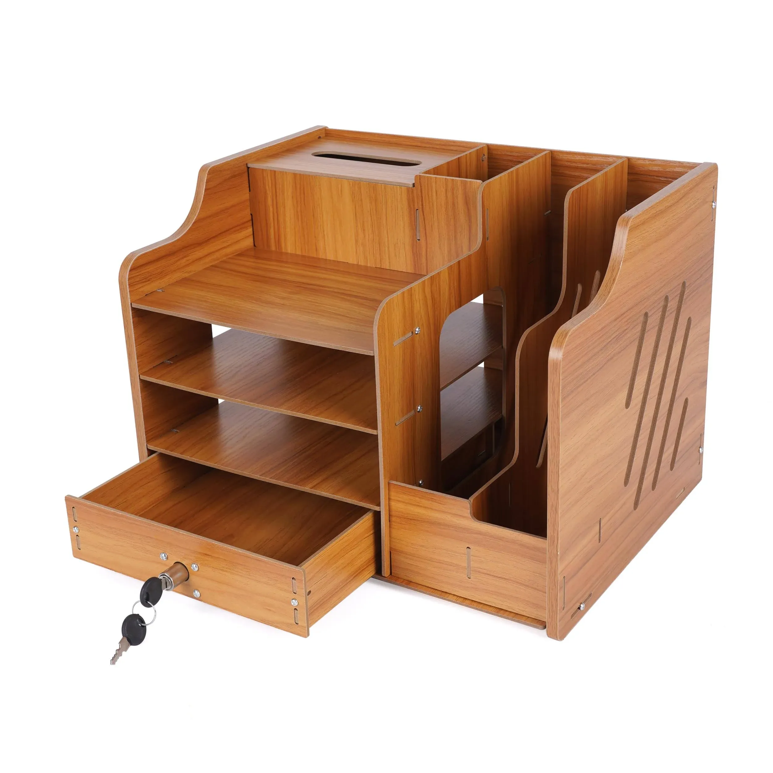  Office Supply Wooden Desktop Organizer with Lockable Drawer, Pen Holder, A4 