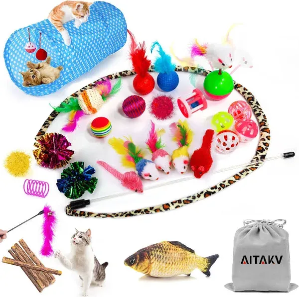 AILUKI 31 PCS Cat Toys Kitten Toys Assortments,Variety Catnip Toy Set Including 2 Way Tunnel,Cat Feather Teaser,Catnip Fish,Mice,Colorful Balls and Bells for Cat,Puppy,Kitty