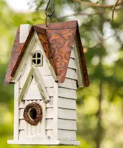 Glitzhome GH90086 Hanging Distressed Wooden Garden Cottage Birdhouse, White