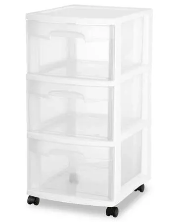 Sterilite 29308001 Wide 3 Drawer Cart, White Frame with Clear Drawers