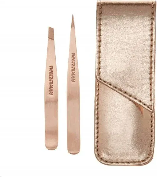 Tweezerman Rose Gold Petite Tweeze Set (1x Slant Tweezer, 1x Point Tweezer) 2pcs+bag