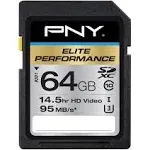 PNY Elite Performance 64GB High Speed SDXC Class 10 UHS-I, U3 Up to 95MB/sec Flash Card - P-SDX64U1H-GE