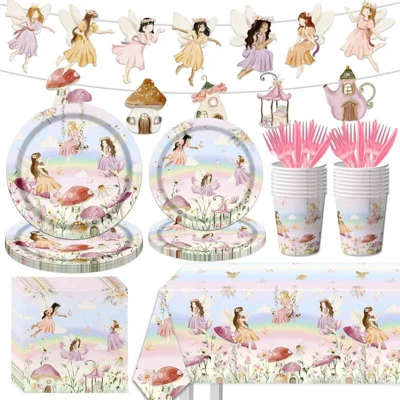 CMUSKO Fairy Party Decorations Butterfly Garden Tableware, Fairy Birthday Party Supplies, Plate, Cup, Napkin, Tablecloth, Flower Fairies Enchanted