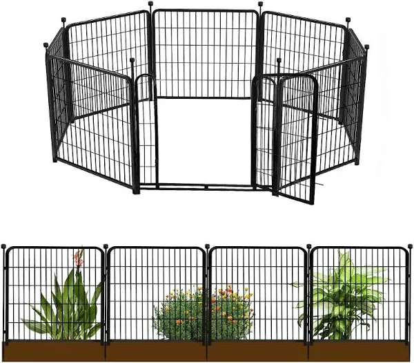 Getlay 24in(H) Decorative Garden Fence with Gate, 8 Panels Total 16ft(L) Heavy Duty Iron Animal Barrier Fence for Yard,Suitable for Indoor Pet Fence