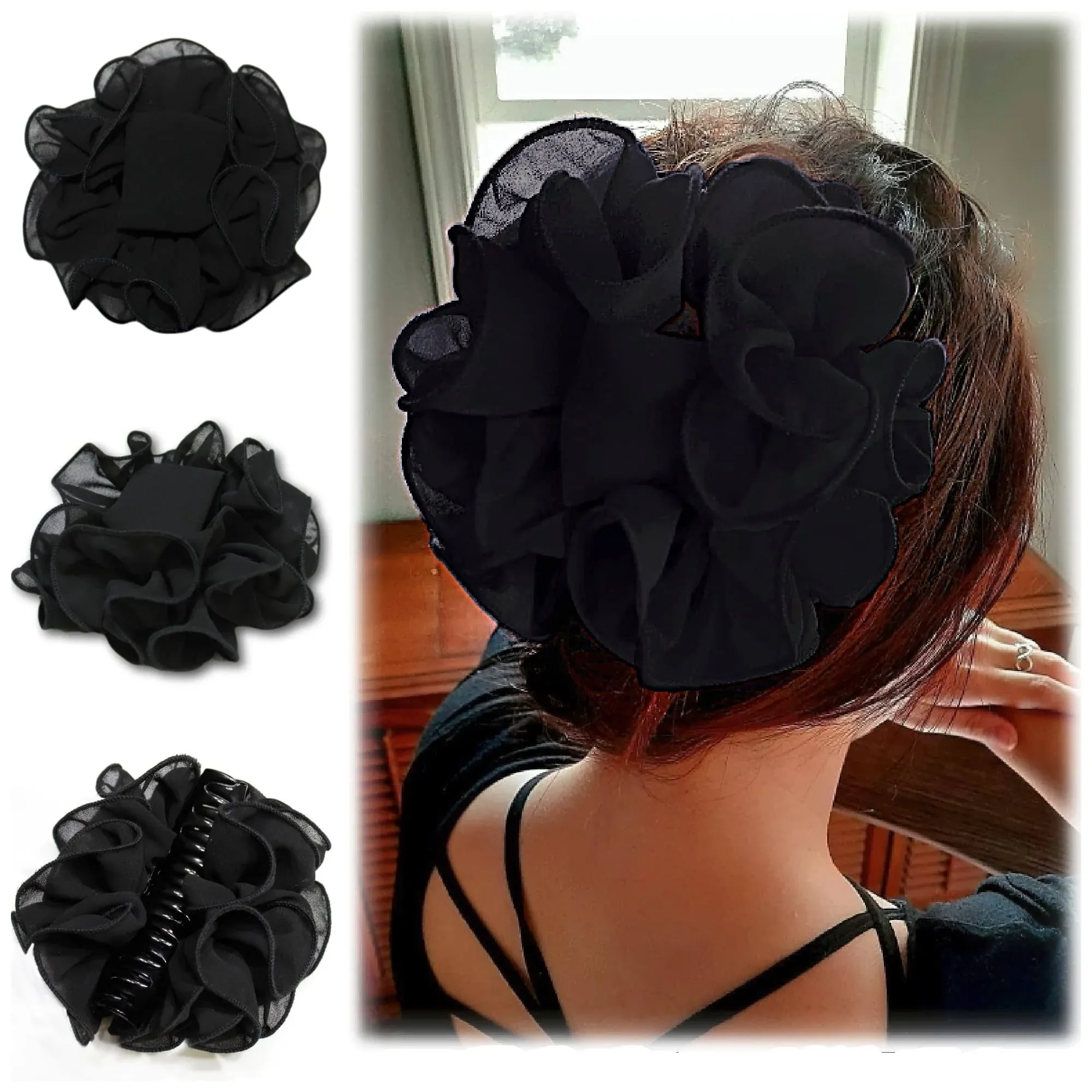 Ladiesway Large Chiffon Claw Clip Hair Bow | Size Black Fabric 