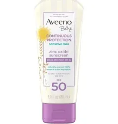 Aveeno Baby Continuous Protection Zinc Oxide Mineral Sunscreen Lotion for Sensitive Skin with Broad Spectrum SPF 50, Tear-Free, Sweat- & Water-Resistant, Travel-Size, 3 fl. Oz (Pack of 2)