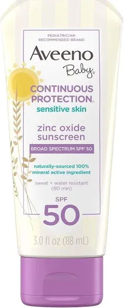 Aveeno Baby Continuous Protection Sensitive - Zinc Oxide with Broad Spectrum Skin Lotion Sunscreen - SPF 50 - 3 fl oz