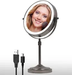 9" Lighted Makeup Mirror with Lights and Magnification 1X/10X Double Sided, 5000mAh Rechargeable Vanity Mirror with 3 Dimmable Color Light, Chrome