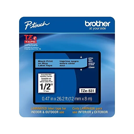 Brother P-touch TZe-531CS Laminated Label Maker Tape, 1/2" x 26-2/10', Black on Blue (TZe-531CS) | Staples