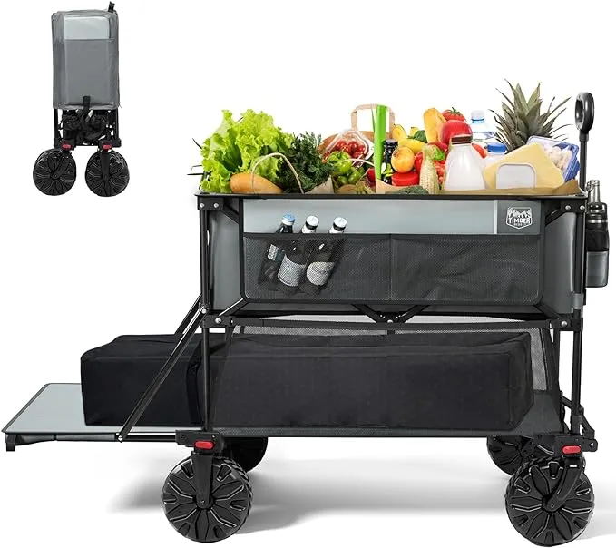 TIMBER RIDGE 400L Large Capacity Folding Double Decker Wagon with Brakes, 54" Extra Long Extender Wagon Cart, 450lbs Heavy Duty Collapsible Wagon, All-Terrain Big Wheels for Camping, Sports, Shopping