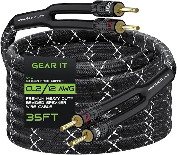 Gearit 12awg Premium Heavy Duty Braided Speaker Wire with Dual Gold Plated Banana Plug Tips