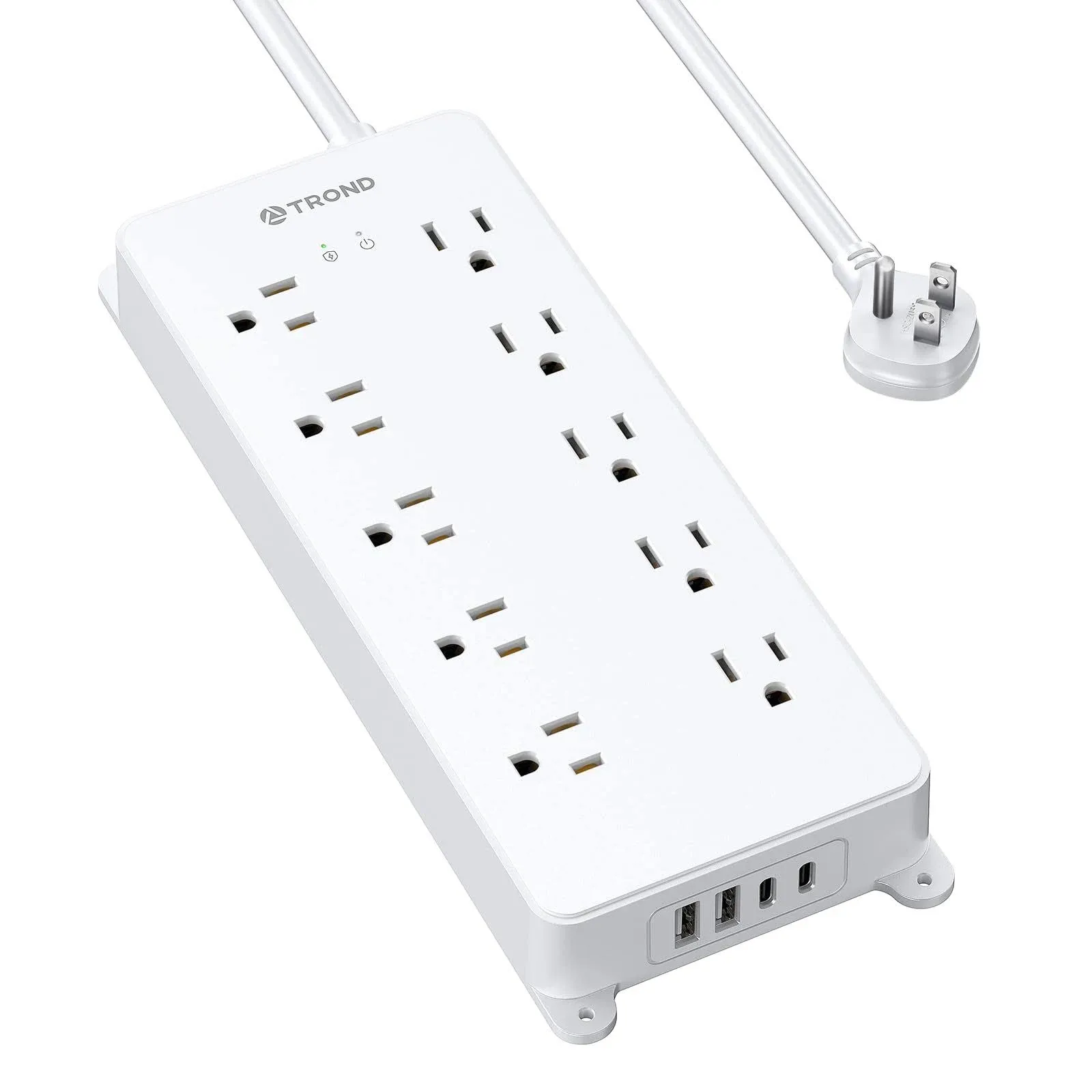 TROND Surge Protector Power Strip, 4000J, ETL Listed, 10 Widely Spaced Outlets, 2 USB C and 2 USB A Ports, Flat Plug 5ft Extension Cord, Wall Mountable, Under Desk Power Strip for Home Office, White