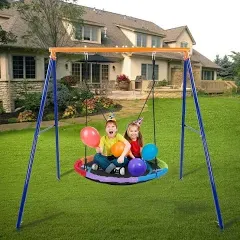 Lunafun 45” Saucer Swing for Kids, 440lbs Adjustable Swing Set for Backyard or Outdoor Playground,Heavy-Duty A-Frame Metal Outdoor Stand