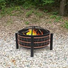 Sunnydaze 24.5-Inch Black Steel Wood-Burning Fire Pit with Copper-Colored Trapezoid Pattern - Includes Protective PVC Cover