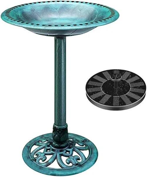 Vivohome Polyresin Antique Outdoor Green Garden Bird Bath and Solar Powered Round Pond Fountain Combo Set