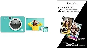 Canon IVY CLIQ 2 Instant Camera Printer, Mini Photo Printer, Turquoise (Matte) with Zink 20 sheet photo paper pack