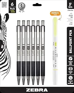 Pen F-301 Retractable Ballpoint Pen, Stainless Steel Barrel, Fine Point, Black I