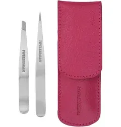 Tweezerman Petite Tweezer Set. Slant &amp; Point Tip Tweezers + Black Leather Case