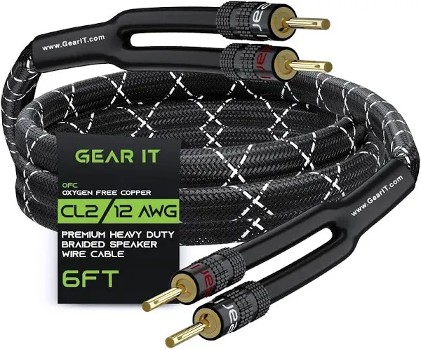 Gearit 12awg Premium Heavy Duty Braided Speaker Wire with Dual Gold Plated Banana Plug Tips