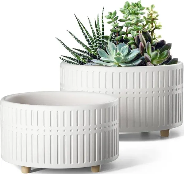 LE TAUCI Succulent Pots, 6.5+8 Inch Ceramic Indoor Plant Pot with Drainage Hole, Modern Round Decorative Flower Pot, Set of 2, Reactive Glaze White