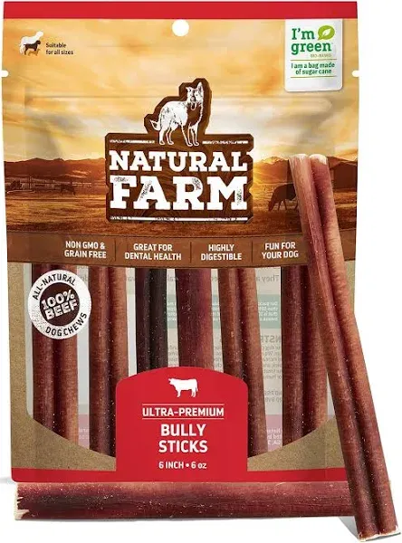 Natural Farm Bully Sticks, Odor-Free, 6-Inch Long, Packaged by Weight: 6 Ounces (0.38 lbs) - 100% Beef Chews, Grass-Fed, Fully Digestible Treats to