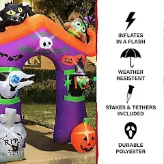 Haunted Hill Farm 9-ft. Inflatable Pre-Lit Arch with Ghost, Black Cat, and Pumpkin