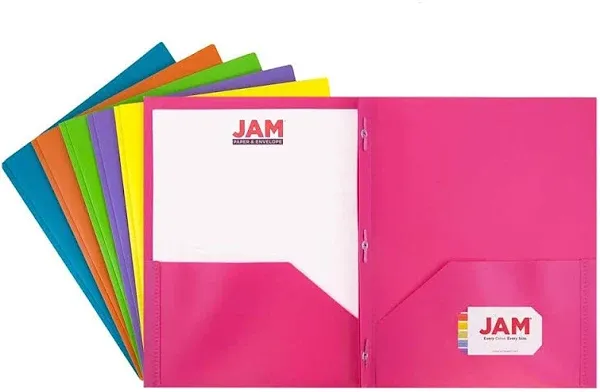 Jam Paper Plastic 2 Pocket School Pop Folders with Metal Prongs Fastener Clasps - Assorted Primary Colors - 6/Pack