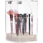 Acrylic Clear Makeup Brush Holder with Lid and Pearls Cosmetic Storage Organi...