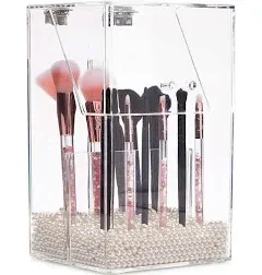 Glamlily Acrylic Makeup Brush Holder with Lid and Pearls