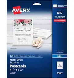 Avery 03380 Textured Post Cards, 4-1/4 x 5-1/2, Matte White, 120 Cards/Box