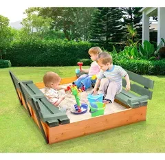 Covered Convertible Cedar Sandbox W/ Canopy Two Bench Seats Waterproof Easy Fold