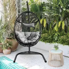 Giantex Hanging Egg Chair, 36.5-Width Oversized Swing Chair with C-Hammock Stand Set, Hammock Chair with Soft Seat Cushion & Pillow, Multifunctional Hanging Chairs for Outdoor Indoor Bedroom (Gray)