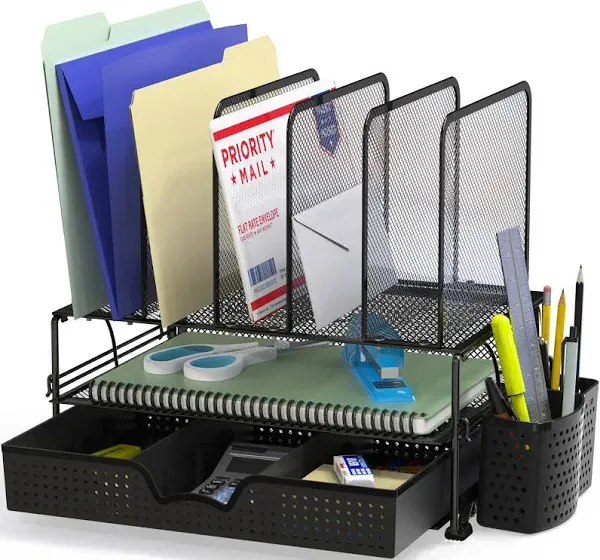 Mesh Desk Organizer with Sliding Drawer, Double Tray and 5 Stacking Sorter Se...