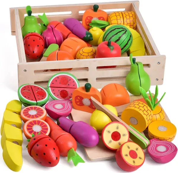 Fun Little Toys 35 Pcs Wooden Pretend Play Food