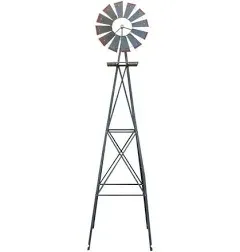 8FT Weather Resistant Yard Garden Windmill，4 Legs Design，Heavy Duty Durable Metal Weather Vane Garden Decoration Weather Resistant for Garden, Yard, Farm, Seaside，Gray & Red